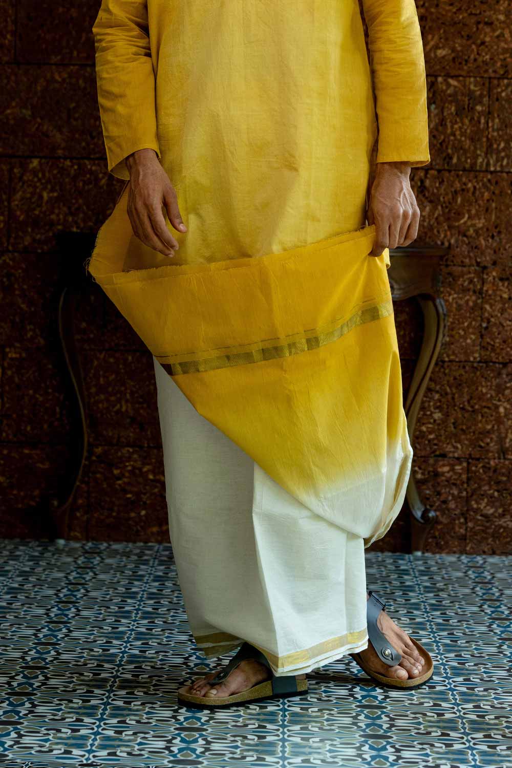 Kerala Kasavu Dhothi with yellow dyed border