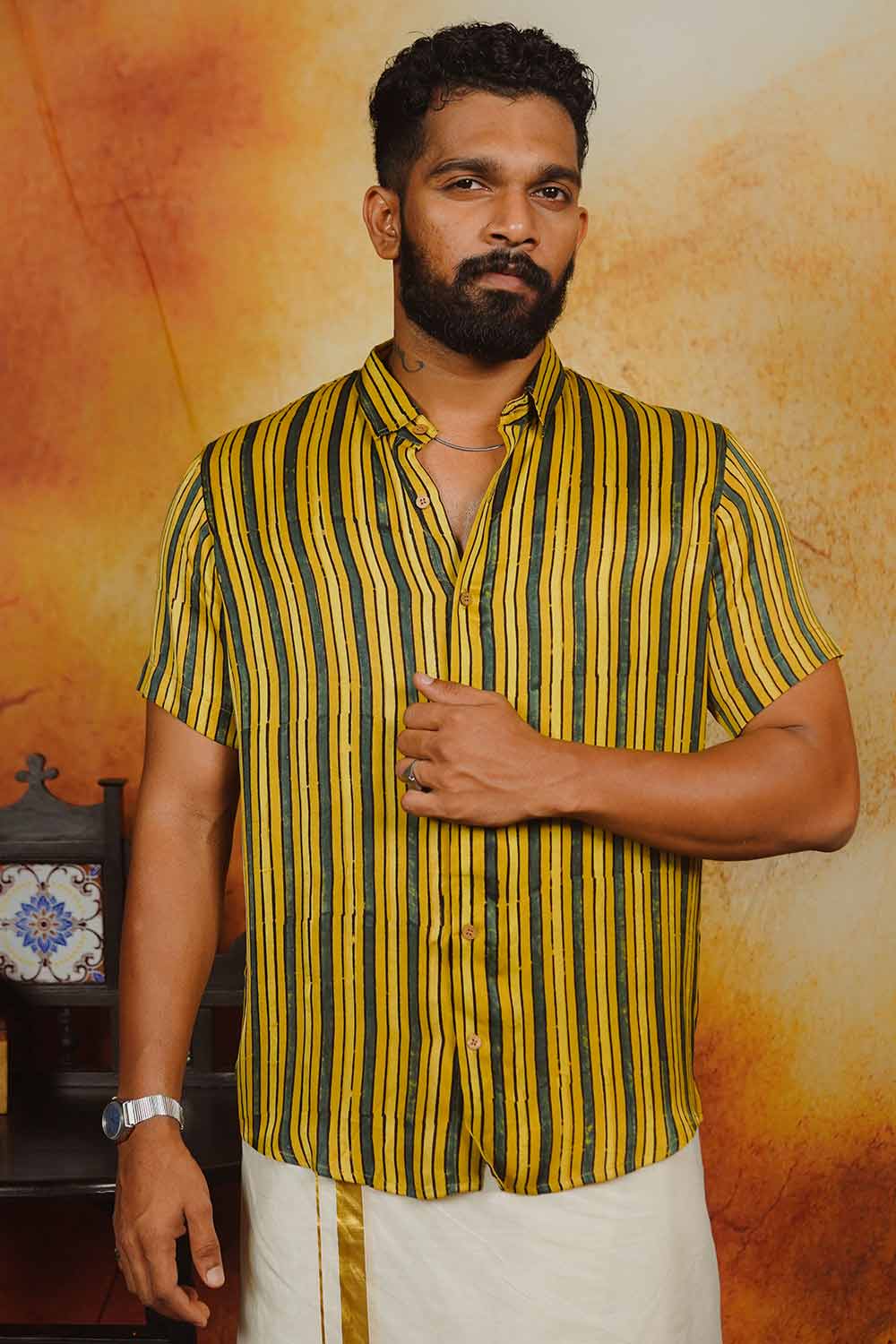 Yellow & Green Ajrakh Modal Silk Stripes Half Sleeve Shirt