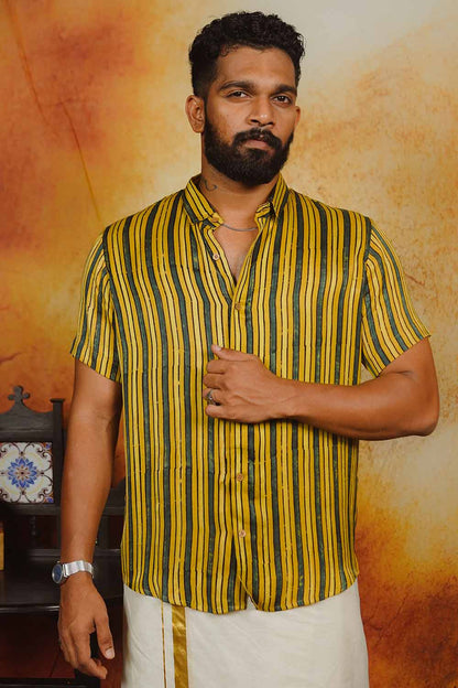 Yellow & Green Ajrakh Modal Silk Stripes Half Sleeve Shirt