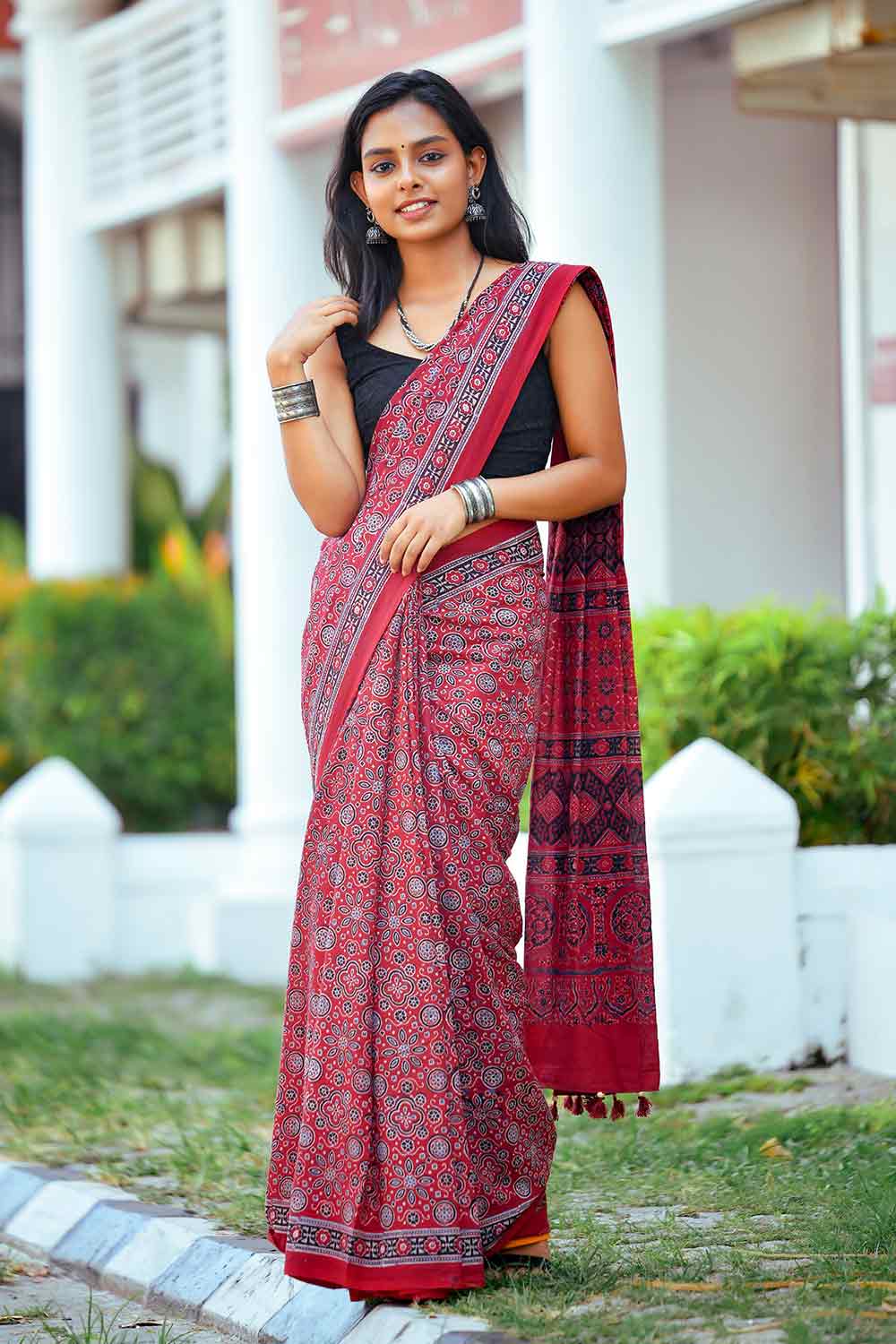 Maroon Ajrakh Printed Cotton Saree