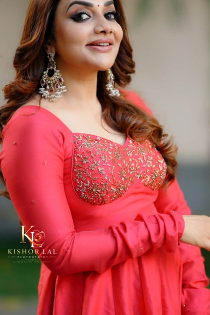 Red Chanderi Katori Cut Anarkali
