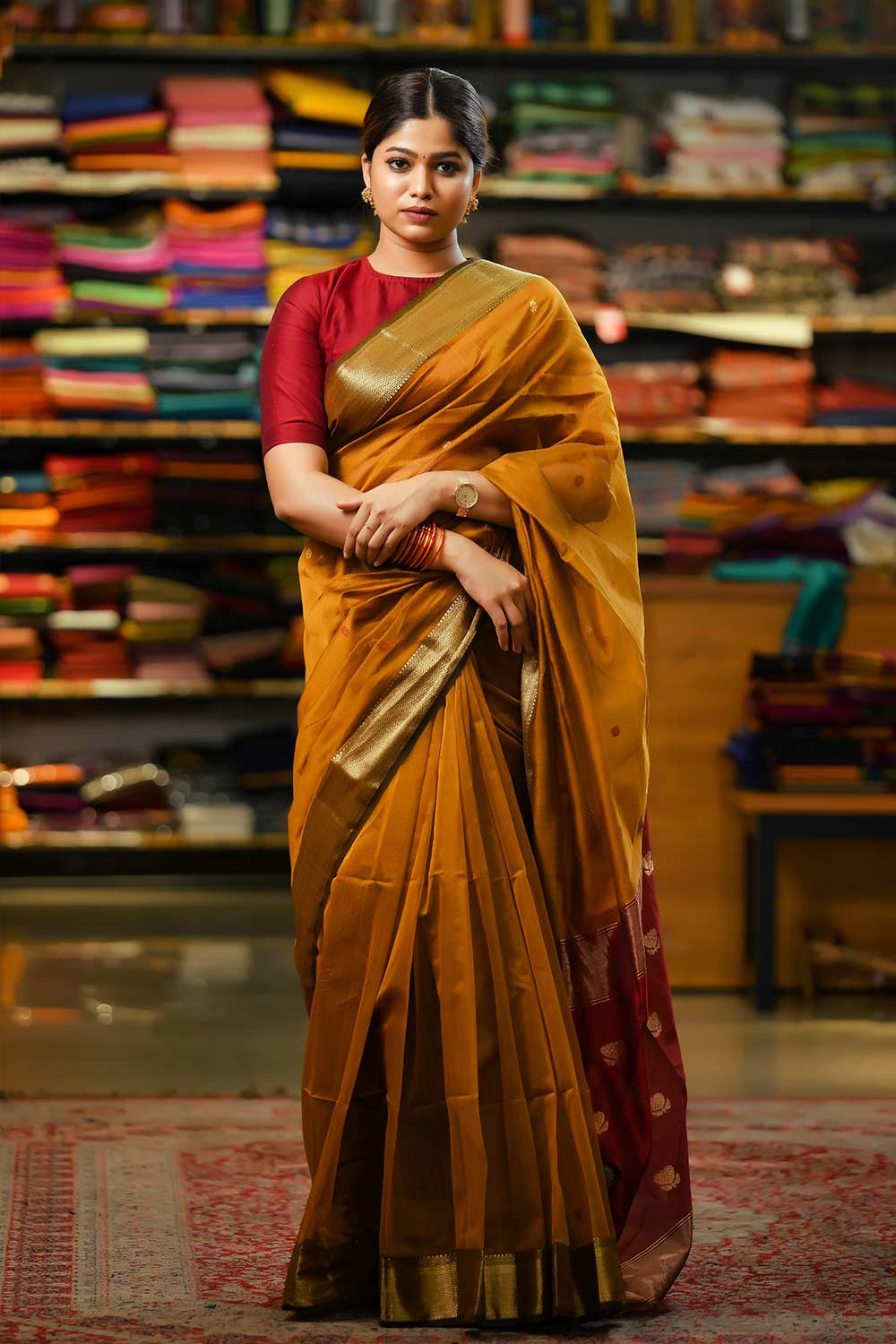 Apricot Yellow & Maroon Maheshwari Silk Saree