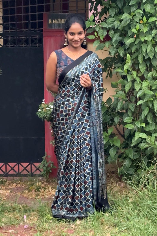 Blue Base Modal Silk Ajrakh Saree