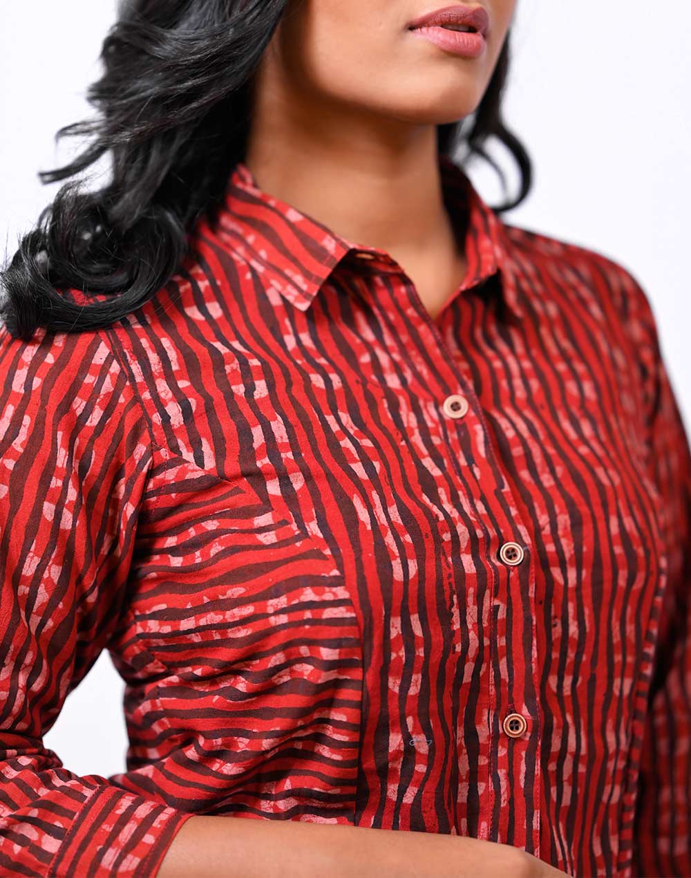 Ajarkh Red And Black Striped Princess Cut Shirt Byhand I Indian Ethnic Wear Online I
