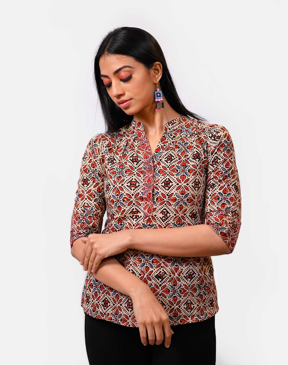 Ajarkh Printed Tan Brown Embroidered high-low Short Top - Byhand I ...