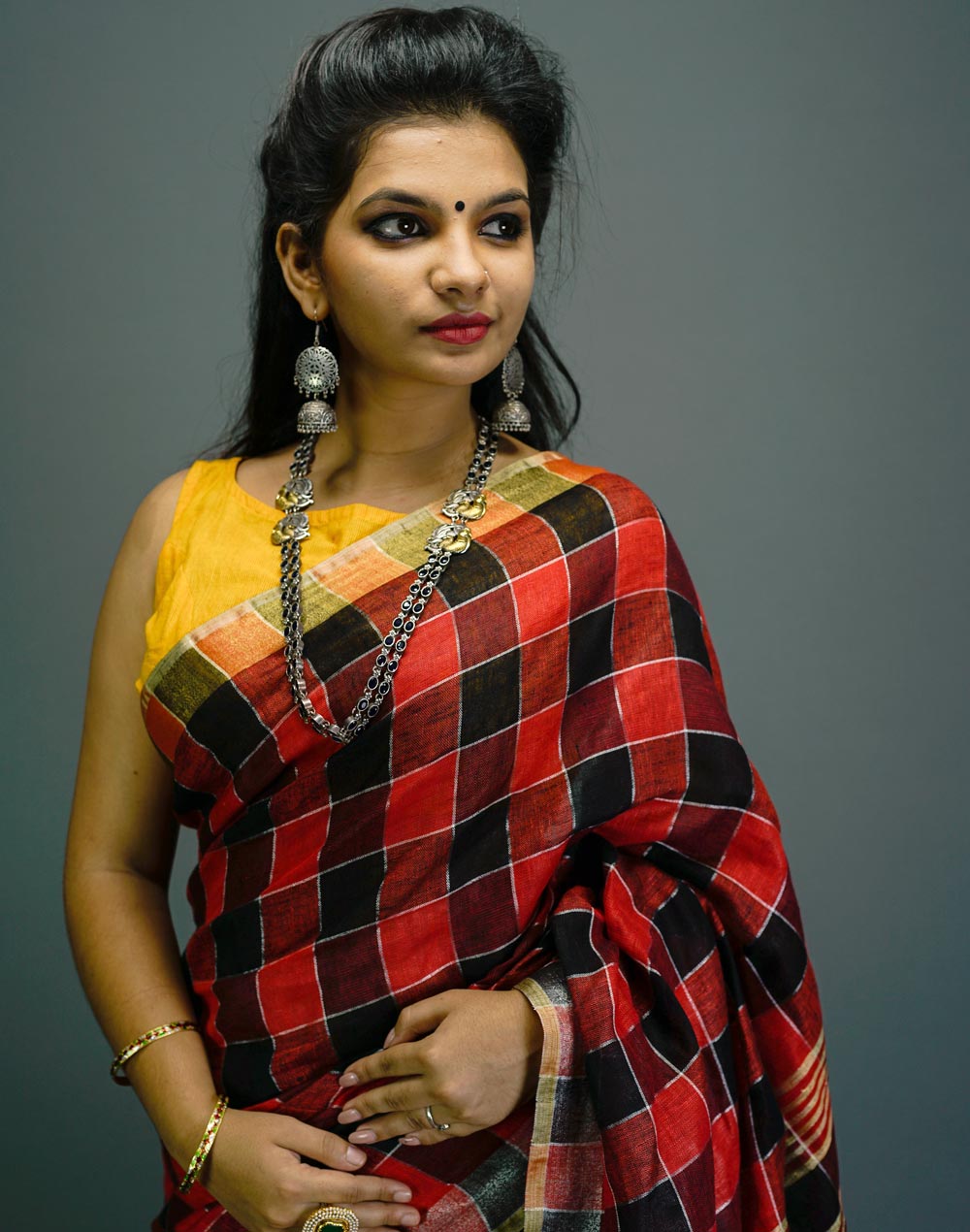 Saree Linen Redandmaroon Checks With Gold Strips Byhand I Indian Ethnic