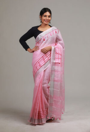 Trendy Pink Pure Linen Saree