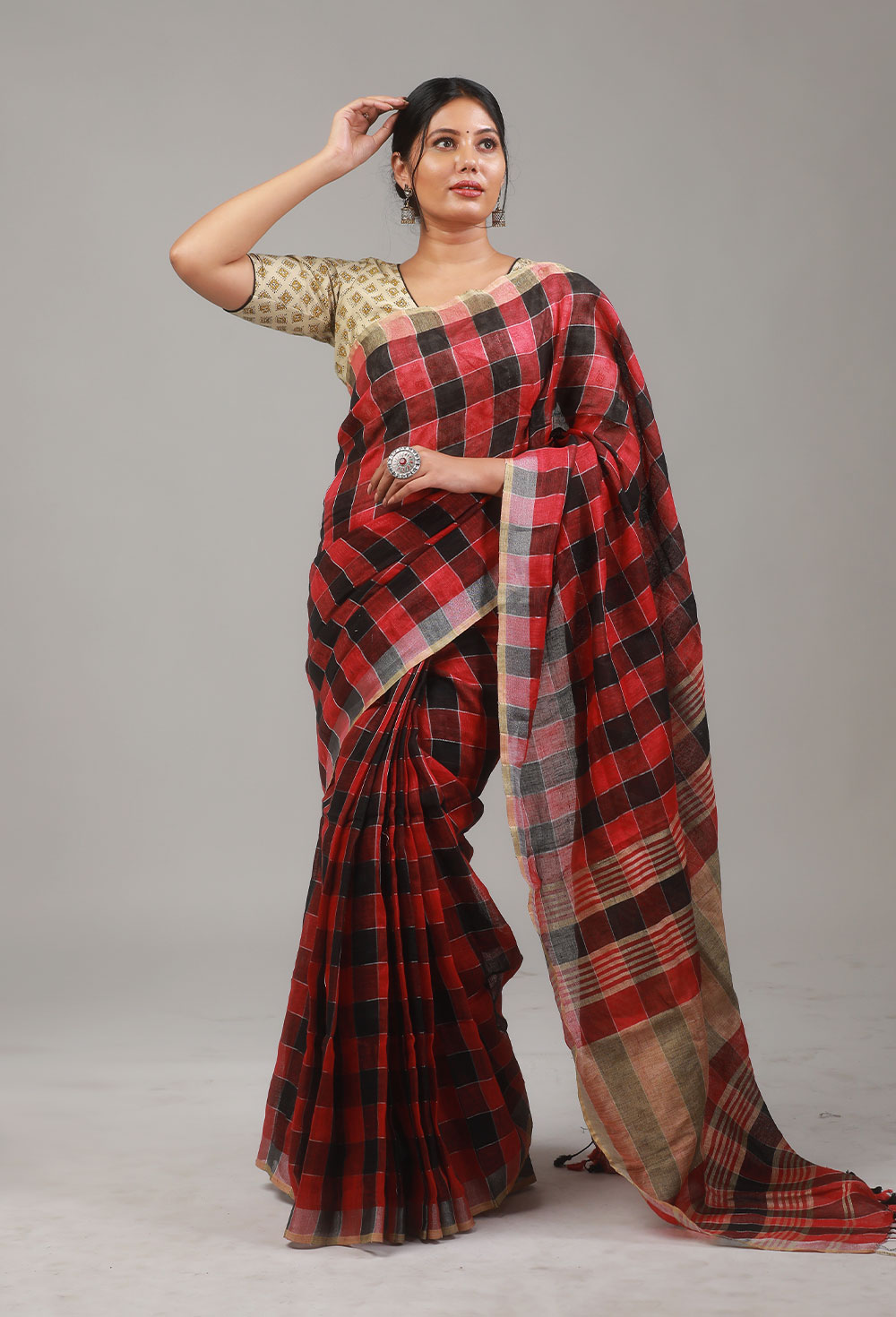 Pure Linen check saree - Byhand I Indian Ethnic Wear Online I ...