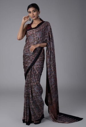 Modal Silk Ajrakh Printed Beige Saree