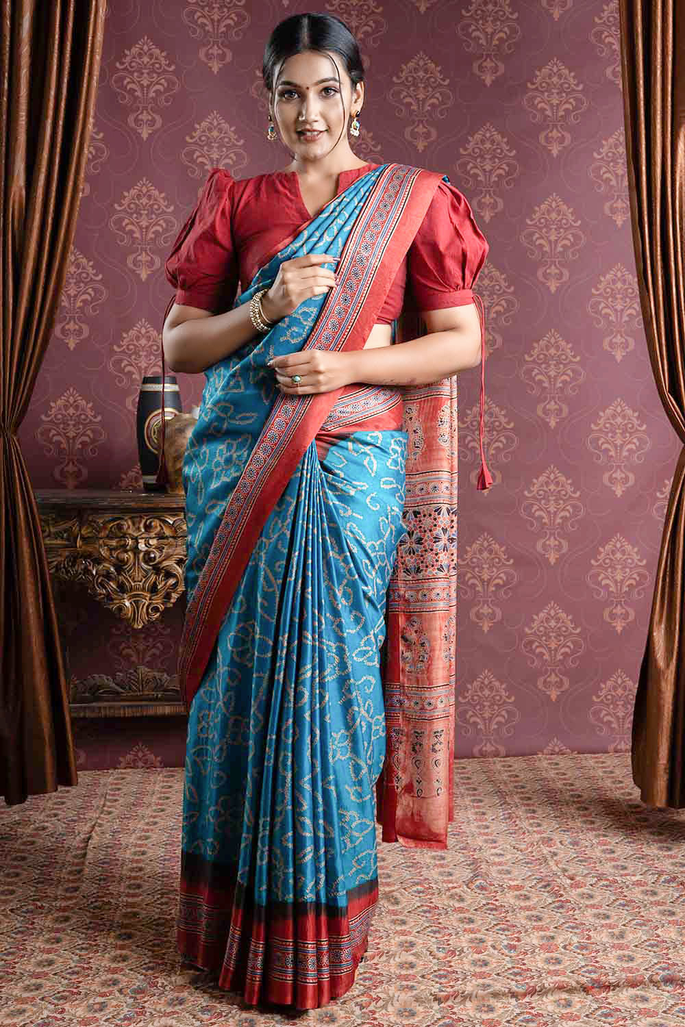 Ajrakh Bandhani Gaji Silk Turquoise Blue and Brick Red Saree - Byhand I ...