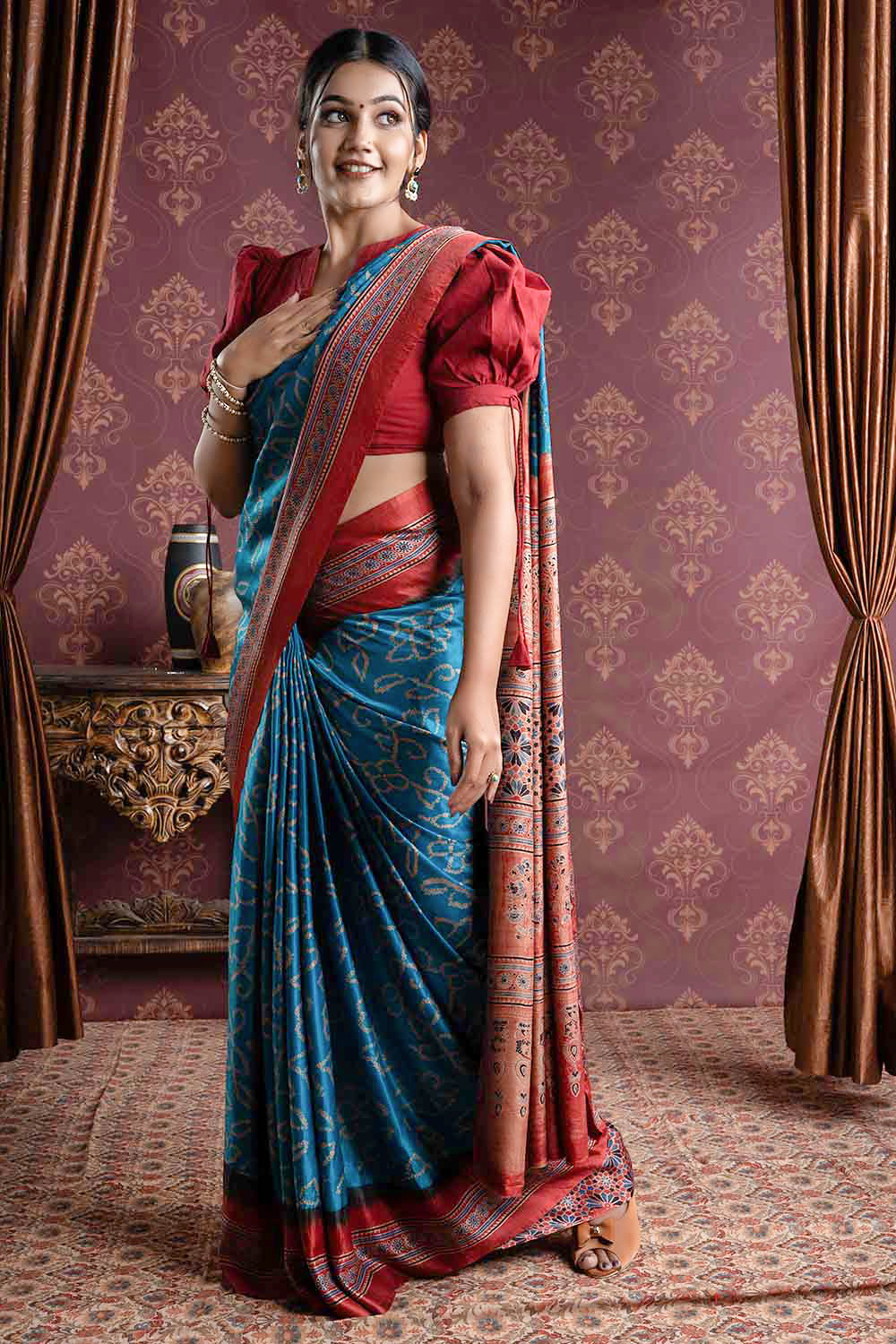 Ajrakh Bandhani Gaji Silk Turquoise Blue and Brick Red Saree - Byhand I ...