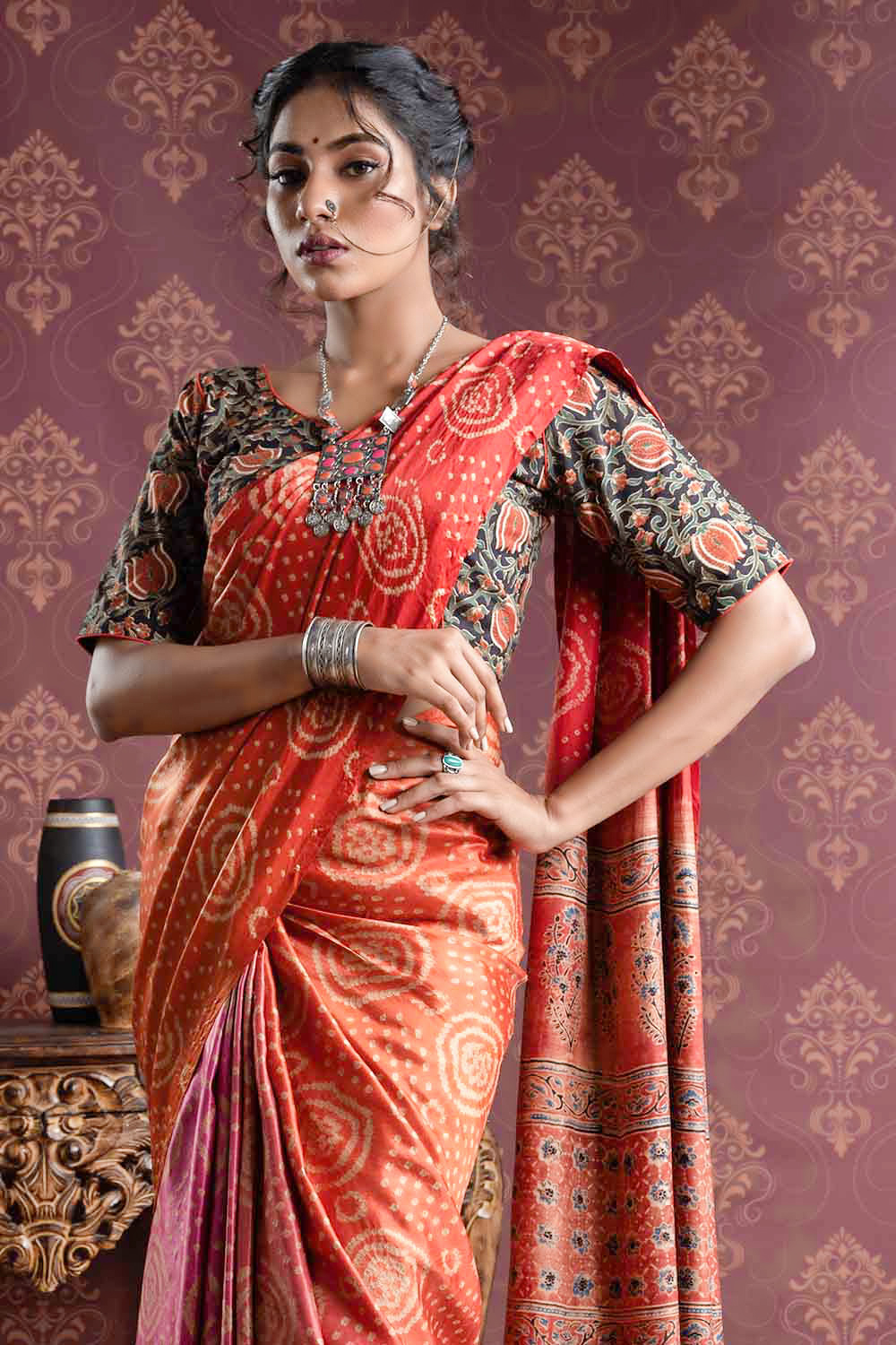 Ajrakh Bandhani Gaji Silk Multi Colored Saree - Byhand I Indian Ethnic ...