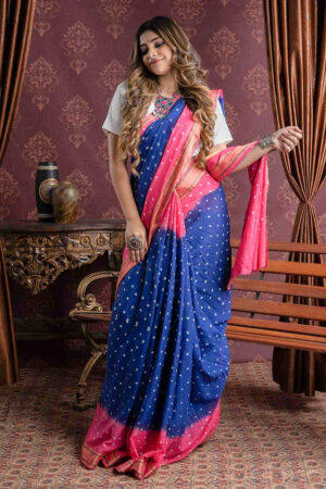 Cotton Bandhani Royal Blue and Pink Saree