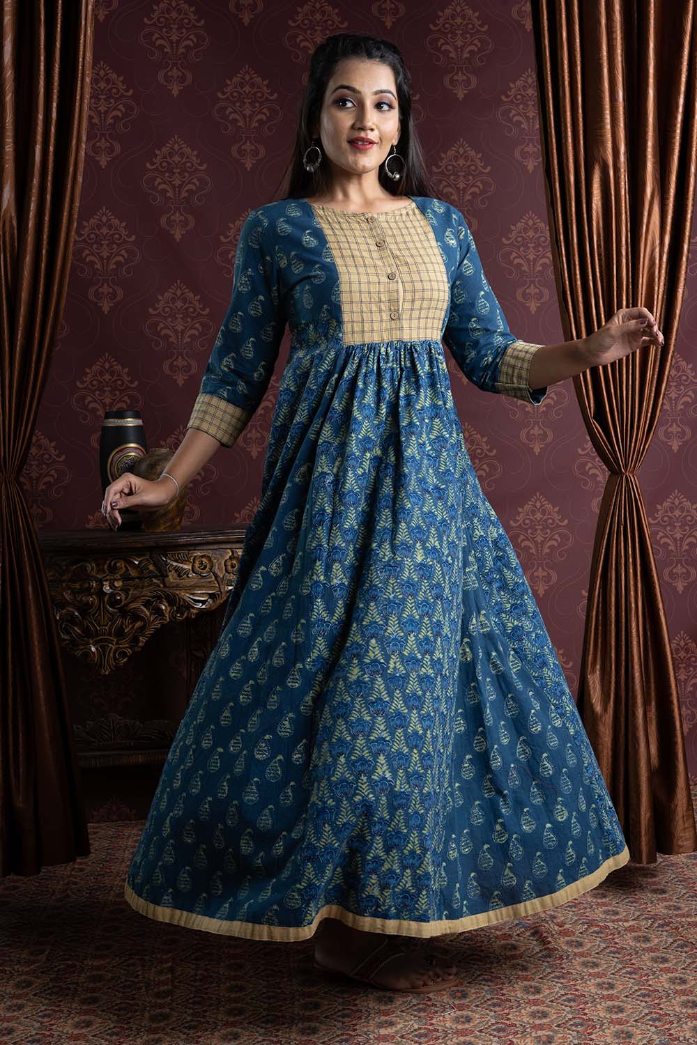 Blue Ajrakh Printed Godet Dress With Front Rectangular Yoke - Byhand I ...