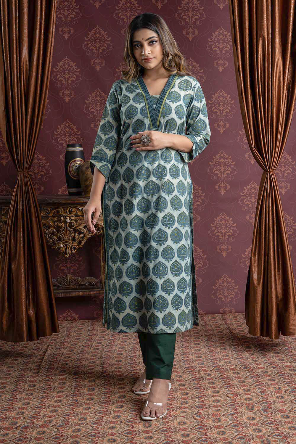 Code:1103160-Dabu Printed Indigo Kurta- Price INR:990/- | Silk saree blouse  designs patterns, Silk kurti designs, Designer blouse patterns