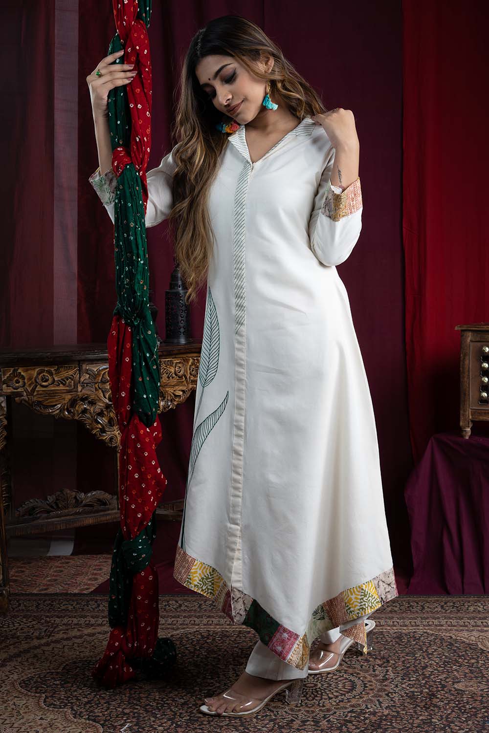 Onam special collection- Off white georgette Aline kurti with designer –  MyBudgetStore.in