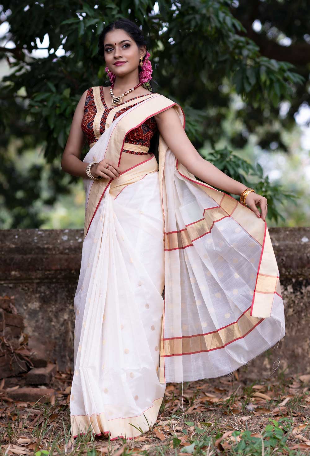 Sleeveless Ajrakh Blouse With Kasavu Border Patch - Byhand I Indian ...
