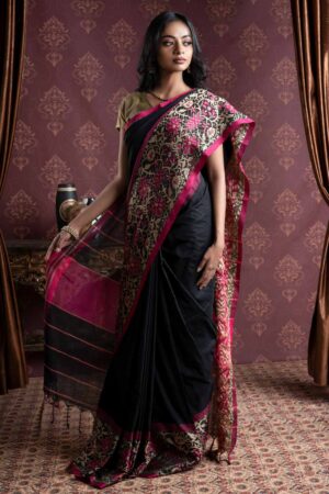 Black Khadi Cotton Saree With Floral Border