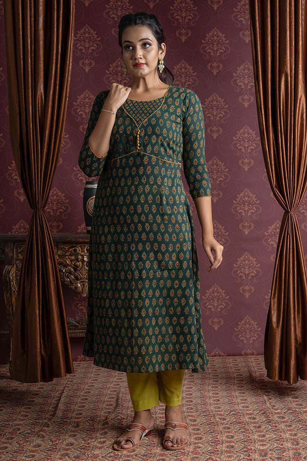 Green Ajrakh A-Line Kurti With Yellow Piping Yoke - Byhand I Indian ...