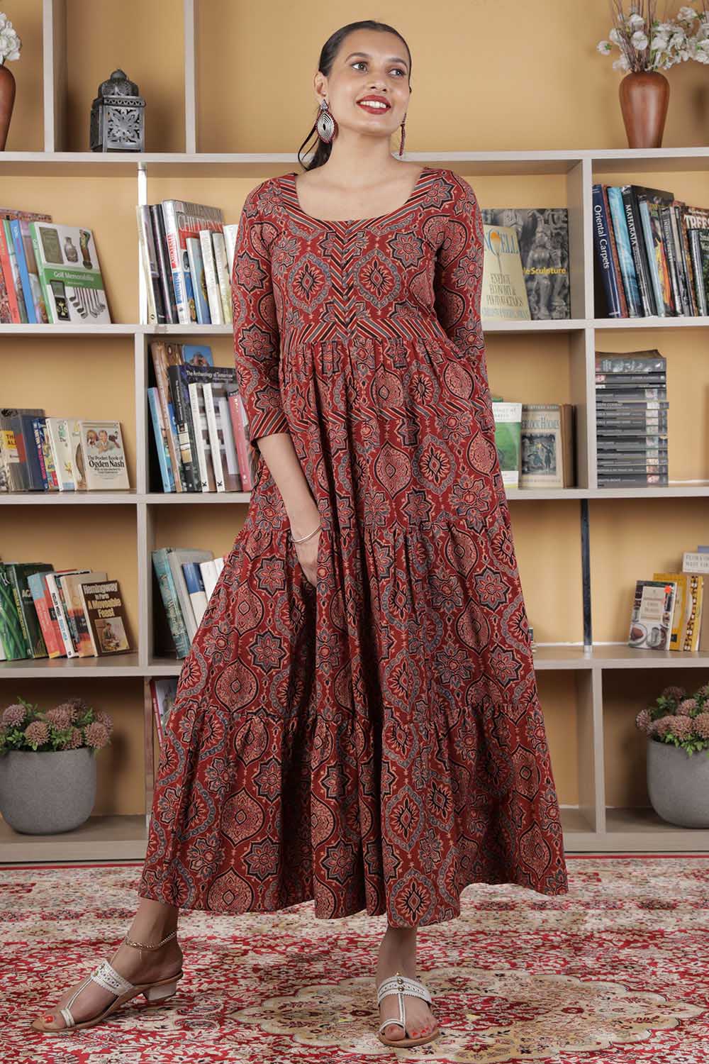 Buy Okhai Black Ghoomar Pure Cotton Handblock Printed Ajrakh Maxi Dress  online