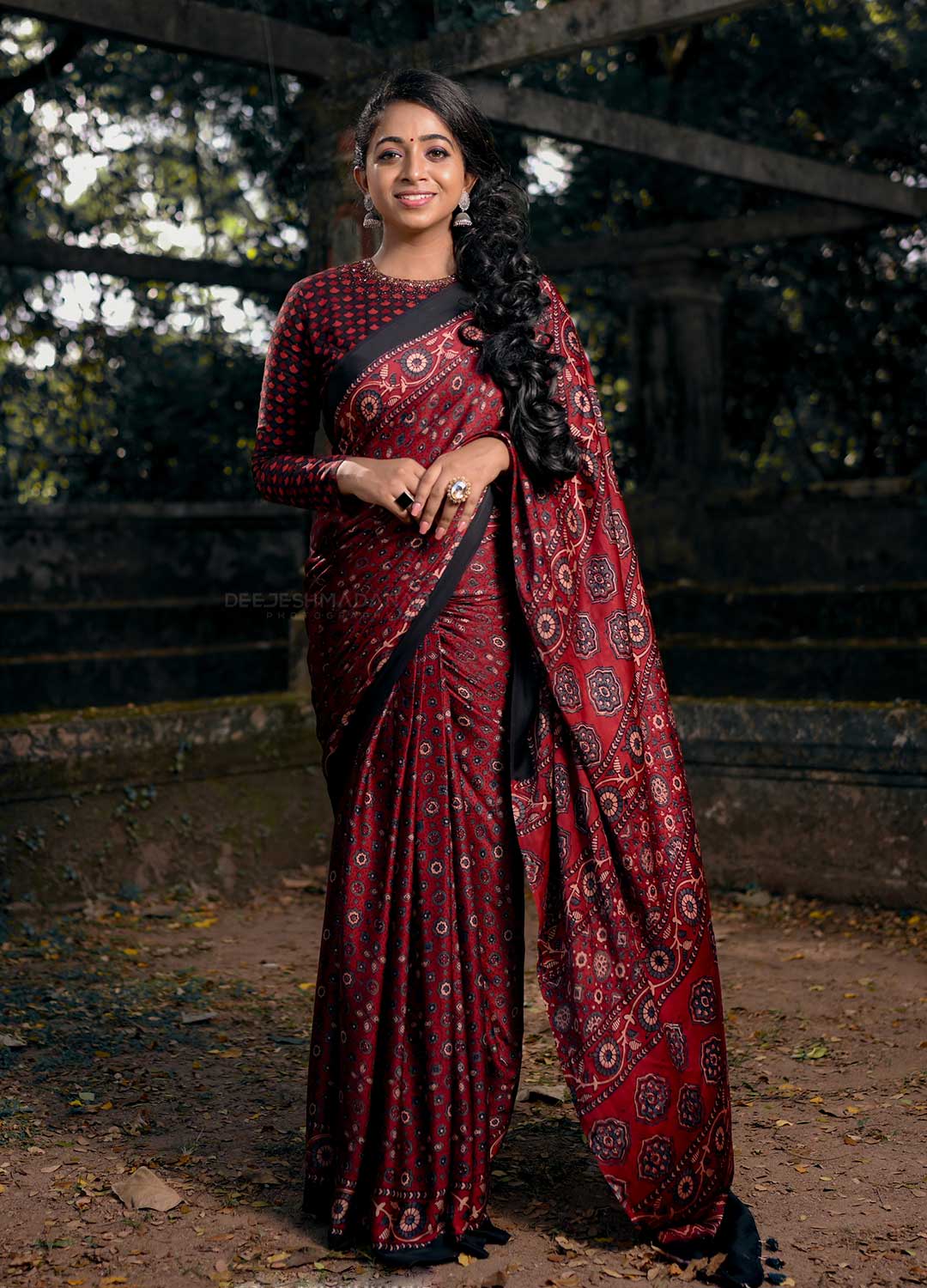 Ajrakh Modal Silk Maroon Base Saree - Byhand I Indian Ethnic Wear ...