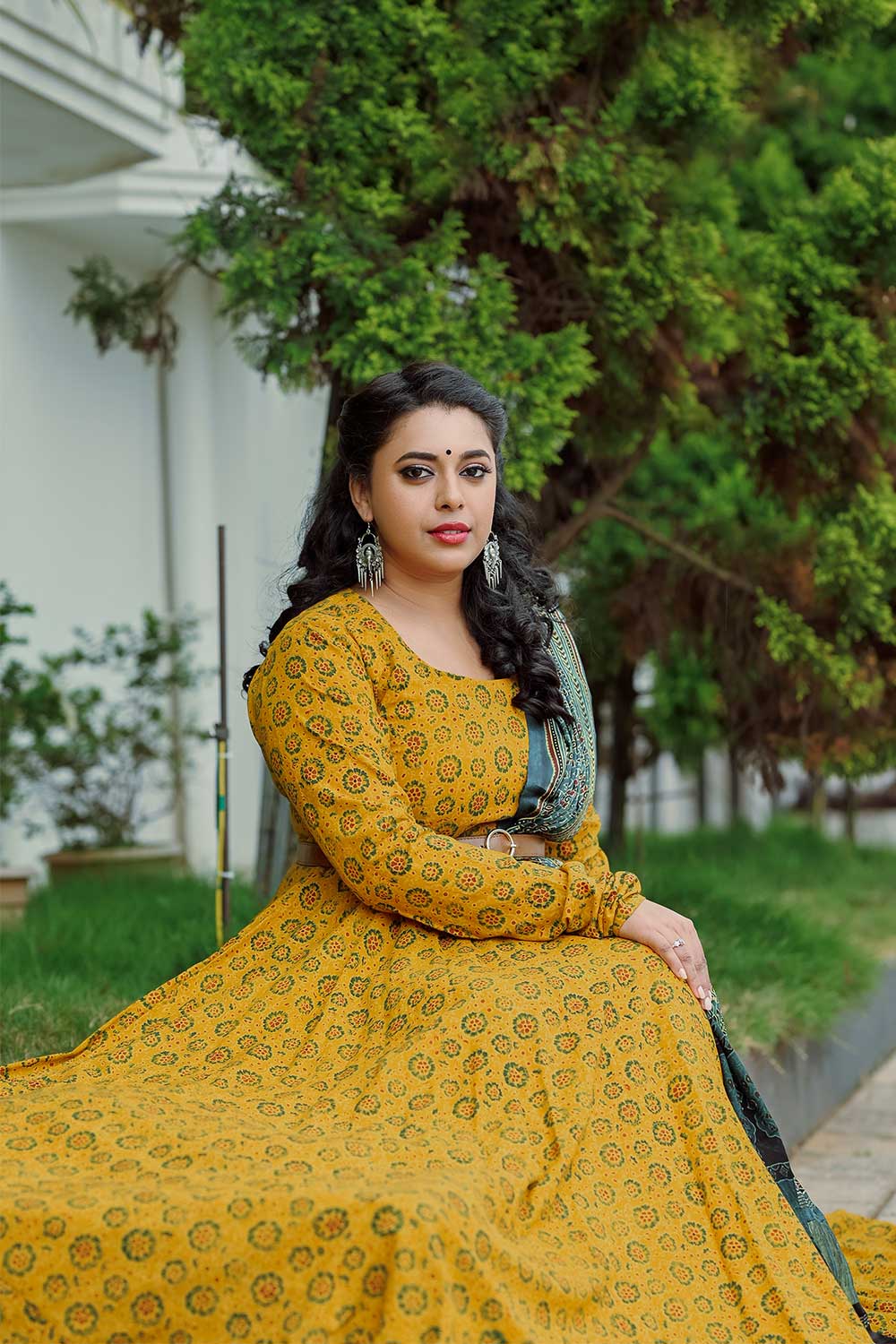 Yellow Ajrakh Double Umbrella Dress With Churi Sleeve  Byhand I Indian  Ethnic Wear Online I Sustainable Fashion I Handmade Clothes