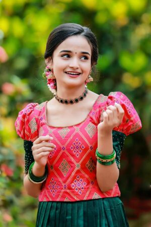 Rani Pink Soft Banarasi Aline Skirt with Navy Blue Soft Silk Princess cut  crop Blouse. – Fabbay Online Store
