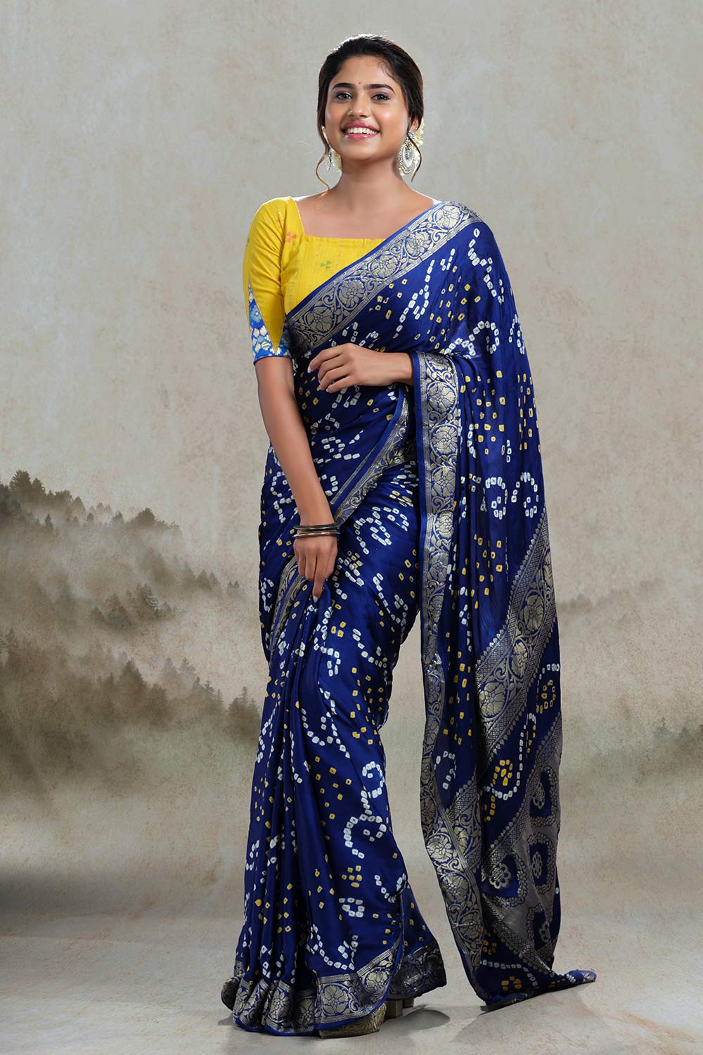 Blue Modal silk Bandhani saree with brocade border - Byhand Kochi