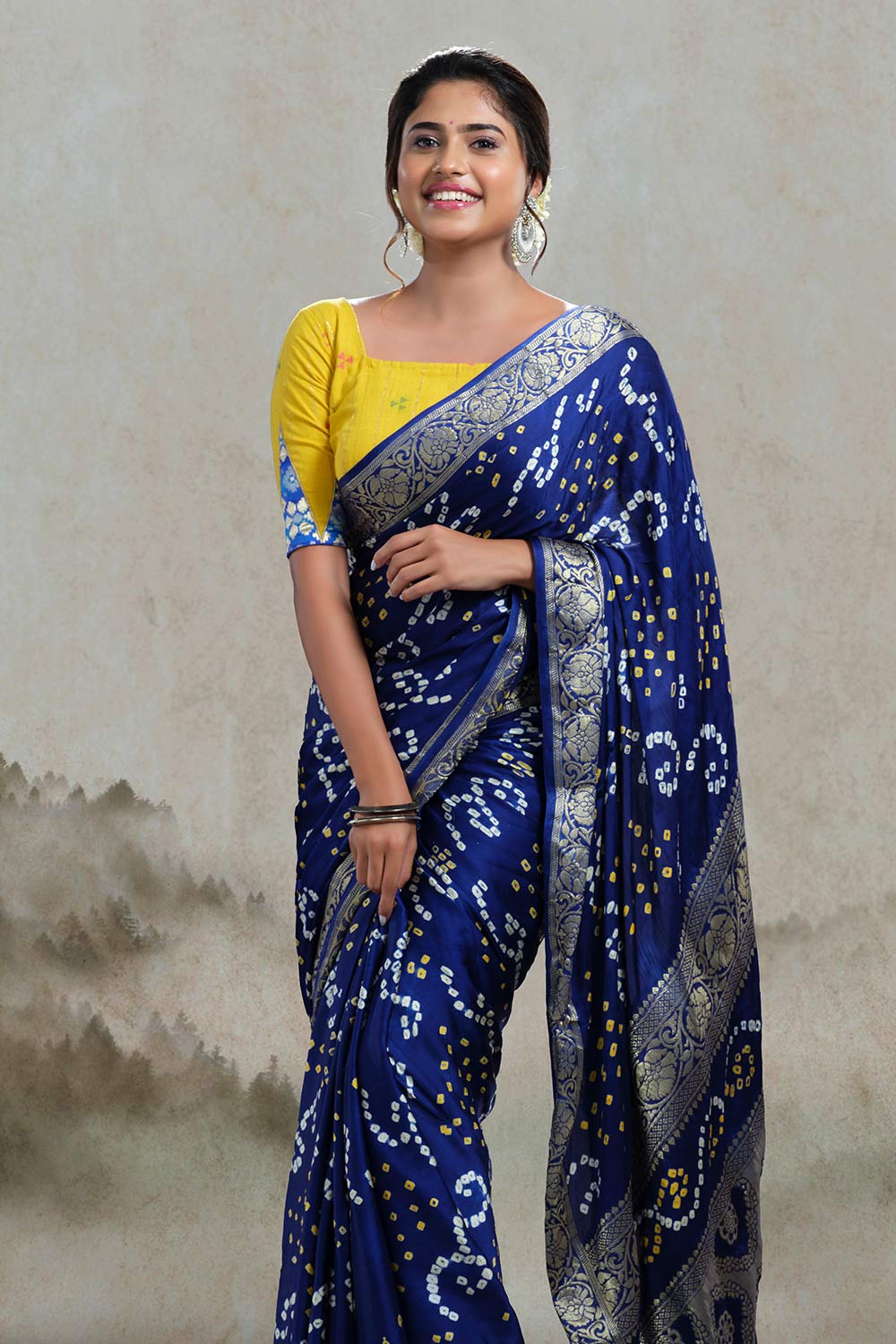 Blue Modal silk Bandhani saree with brocade border - Byhand Kochi