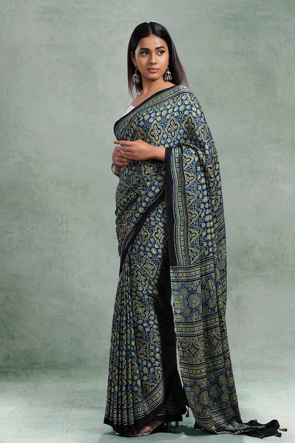 Blue Base Modal Silk Saree with Maroon Triangle Print - Byhand Kochi