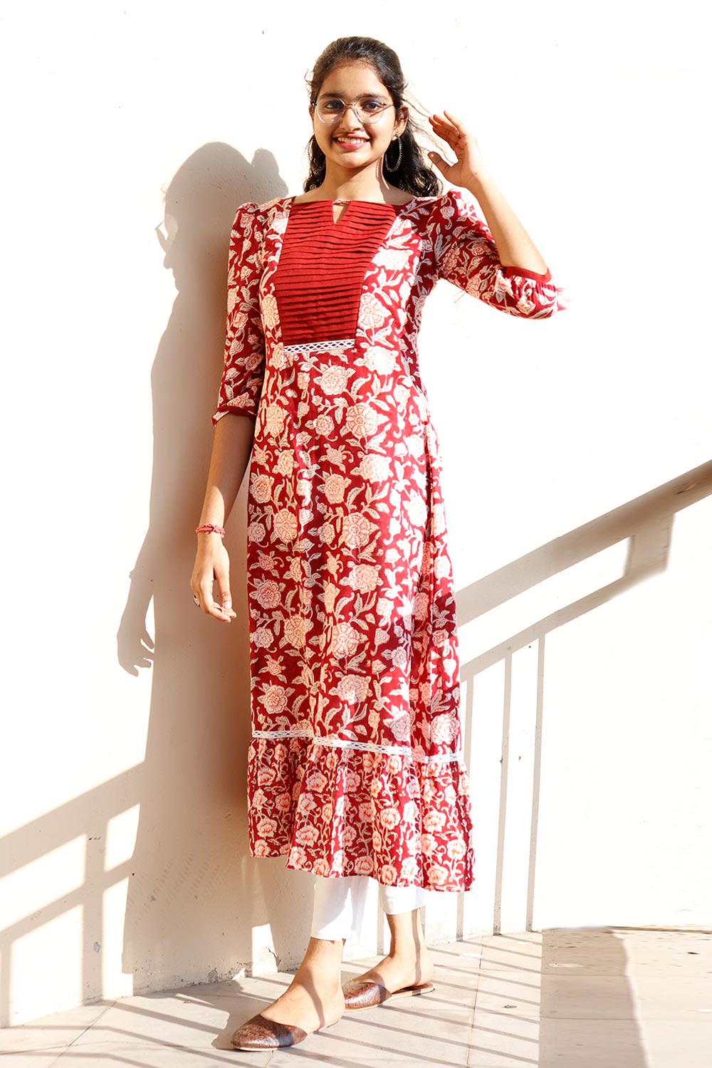 Red Floral Dress with Pleated yoke - Byhand I Indian Ethnic Wear Online I  Sustainable Fashion I Handmade Clothes
