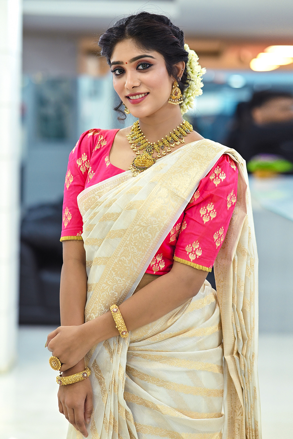 Cream Pleated Blouse & Tiered Sari Set | Arpita Mehta – KYNAH