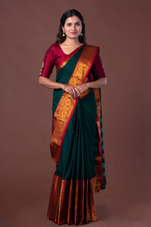 Green Pure Silk Saree With Golden Border And Maroon Colored Blouse | Cash  On Delivery Available, Throughout India