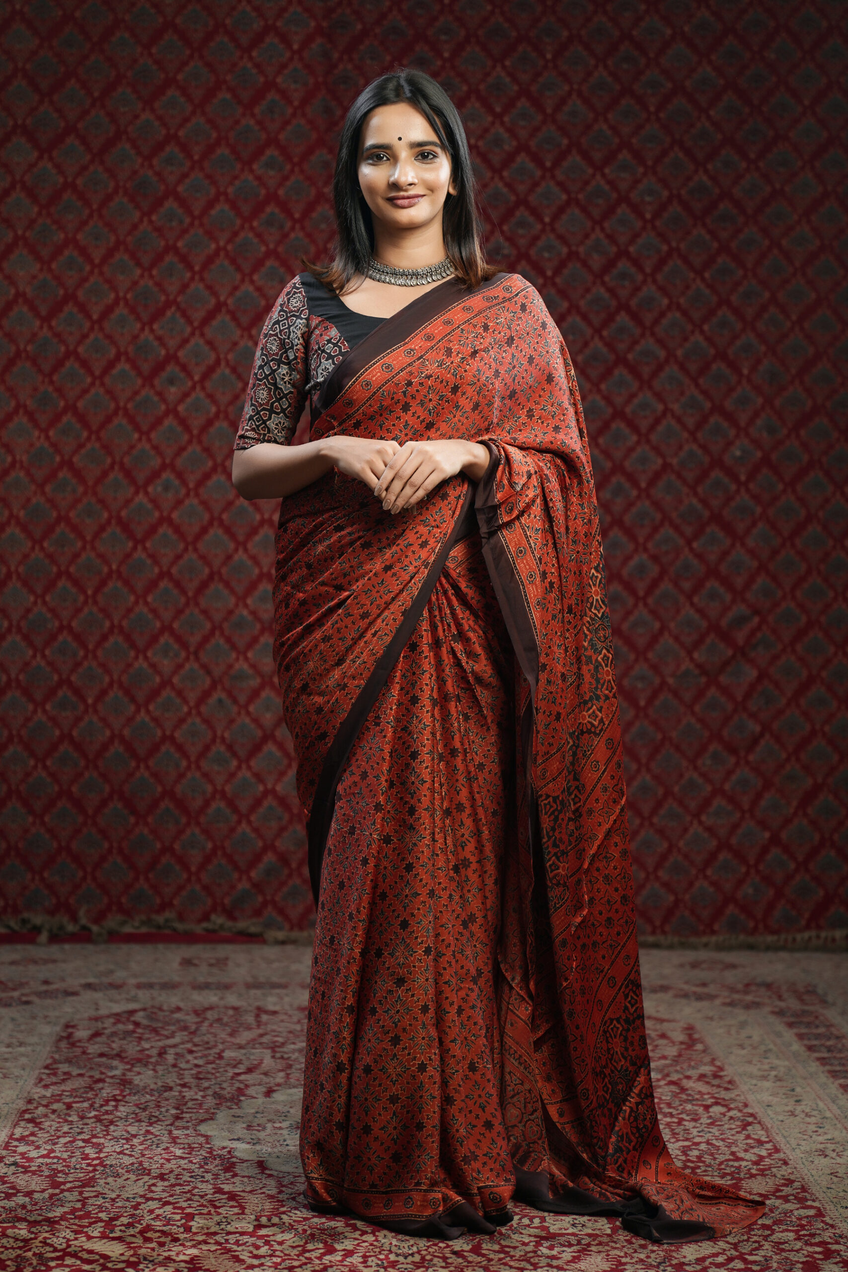 Red base Ajrakh Printed Modal Silk Saree with Blue & Brown Floral Print -  Byhand Kochi